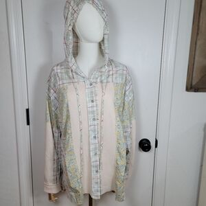 POL Oversized Plaid Patchwork Floral Distressrd Hooded Flannel Size Small